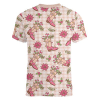 Beige Paniolo Palaka Hawaiian Cowgirl Christmas Women V-Neck T-Shirt - Polynesian Pride