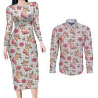 Gray Paniolo Palaka Hawaiian Cowgirl Christmas Couples Matching Long Sleeve Bodycon Dress and Long Sleeve Button Shirt - Polynesian Pride