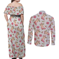 Gray Paniolo Palaka Hawaiian Cowgirl Christmas Couples Matching Off Shoulder Maxi Dress and Long Sleeve Button Shirt - Polynesian Pride
