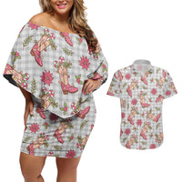 Gray Paniolo Palaka Hawaiian Cowgirl Christmas Couples Matching Off Shoulder Short Dress and Hawaiian Shirt LT9 Gray - Polynesian Pride