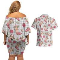 Gray Paniolo Palaka Hawaiian Cowgirl Christmas Couples Matching Off Shoulder Short Dress and Hawaiian Shirt LT9 - Polynesian Pride