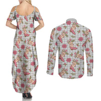 Gray Paniolo Palaka Hawaiian Cowgirl Christmas Couples Matching Summer Maxi Dress and Long Sleeve Button Shirt - Polynesian Pride
