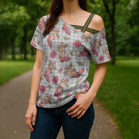 Gray Paniolo Palaka Hawaiian Cowgirl Christmas Cross Shoulder Shirt - Polynesian Pride