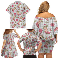 Gray Paniolo Palaka Hawaiian Cowgirl Christmas Family Matching Off Shoulder Short Dress and Hawaiian Shirt - Polynesian Pride