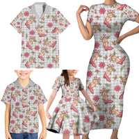 Gray Paniolo Palaka Hawaiian Cowgirl Christmas Family Matching Short Sleeve Bodycon Dress and Hawaiian Shirt - Polynesian Pride