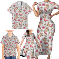 Gray Paniolo Palaka Hawaiian Cowgirl Christmas Family Matching Short Sleeve Bodycon Dress and Hawaiian Shirt - Polynesian Pride