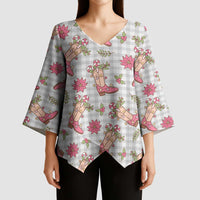 Gray Paniolo Palaka Hawaiian Cowgirl Christmas Kimono Sleeve Blouse LT9 - Polynesian Pride