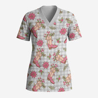 Gray Paniolo Palaka Hawaiian Cowgirl Christmas Scrub Top LT9 Adult Gray - Polynesian Pride