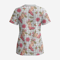 Gray Paniolo Palaka Hawaiian Cowgirl Christmas Scrub Top LT9 - Polynesian Pride
