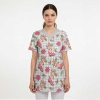 Gray Paniolo Palaka Hawaiian Cowgirl Christmas Scrub Top LT9 - Polynesian Pride