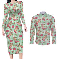 Green Paniolo Palaka Hawaiian Cowgirl Christmas Couples Matching Long Sleeve Bodycon Dress and Long Sleeve Button Shirt - Polynesian Pride