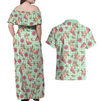 Green Paniolo Palaka Hawaiian Cowgirl Christmas Couples Matching Off Shoulder Maxi Dress and Hawaiian Shirt - Polynesian Pride