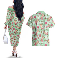 Green Paniolo Palaka Hawaiian Cowgirl Christmas Couples Matching Off The Shoulder Long Sleeve Dress and Hawaiian Shirt - Polynesian Pride