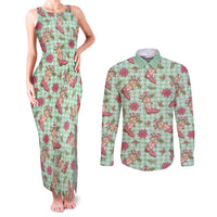 Green Paniolo Palaka Hawaiian Cowgirl Christmas Couples Matching Tank Maxi Dress and Long Sleeve Button Shirt - Polynesian Pride