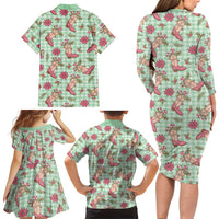 Green Paniolo Palaka Hawaiian Cowgirl Christmas Family Matching Long Sleeve Bodycon Dress and Hawaiian Shirt - Polynesian Pride