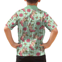 Green Paniolo Palaka Hawaiian Cowgirl Christmas Family Matching Off The Shoulder Long Sleeve Dress and Hawaiian Shirt - Polynesian Pride