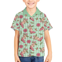 Green Paniolo Palaka Hawaiian Cowgirl Christmas Family Matching Off The Shoulder Long Sleeve Dress and Hawaiian Shirt - Polynesian Pride