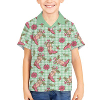 Green Paniolo Palaka Hawaiian Cowgirl Christmas Family Matching Off Shoulder Short Dress and Hawaiian Shirt - Polynesian Pride