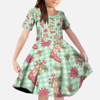 Green Paniolo Palaka Hawaiian Cowgirl Christmas Kid Short Sleeve Dress - Polynesian Pride