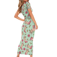 Green Paniolo Palaka Hawaiian Cowgirl Christmas Short Sleeve Bodycon Dress - Polynesian Pride
