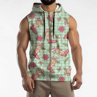 Green Paniolo Palaka Hawaiian Cowgirl Christmas Sleeveless Zip Hoodie - Polynesian Pride