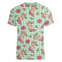 Green Paniolo Palaka Hawaiian Cowgirl Christmas Women V-Neck T-Shirt - Polynesian Pride