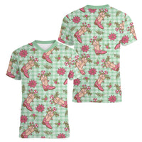 Green Paniolo Palaka Hawaiian Cowgirl Christmas Women V-Neck T-Shirt - Polynesian Pride
