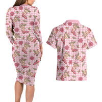 Pink Paniolo Palaka Hawaiian Cowgirl Christmas Couples Matching Long Sleeve Bodycon Dress and Hawaiian Shirt - Polynesian Pride