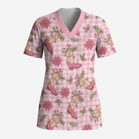 Pink Paniolo Palaka Hawaiian Cowgirl Christmas Scrub Top LT9 Adult Pink - Polynesian Pride