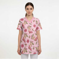 Pink Paniolo Palaka Hawaiian Cowgirl Christmas Scrub Top LT9 - Polynesian Pride