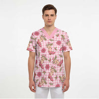 Pink Paniolo Palaka Hawaiian Cowgirl Christmas Scrub Top LT9 - Polynesian Pride