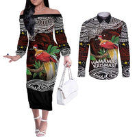 Papua New Guinea Christmas Couples Matching Off The Shoulder Long Sleeve Dress and Long Sleeve Button Shirt - Polynesian Pride