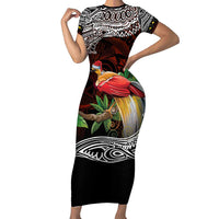Papua New Guinea Christmas Family Matching Short Sleeve Bodycon Dress and Hawaiian Shirt LT9 Mom's Dress Black - Polynesian Pride