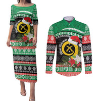 Vanuatu Pig's Tusk Meri Krismas! Couples Matching Puletasi and Long Sleeve Button Shirt Vanuatuan Sand Drawing Pattern - Polynesian Pride