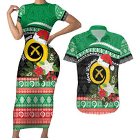 Vanuatu Pig's Tusk Meri Krismas! Couples Matching Short Sleeve Bodycon Dress and Hawaiian Shirt Vanuatuan Sand Drawing Pattern - Polynesian Pride