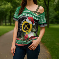 Vanuatu Pig's Tusk Meri Krismas! Cross Shoulder Shirt Vanuatuan Sand Drawing Pattern - Polynesian Pride