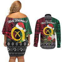 Vanuatu Pig's Tusk Meri Krismas! Couples Matching Off Shoulder Short Dress and Long Sleeve Button Shirt Vanuatuan Ancient Art Spirit - Polynesian Pride
