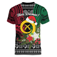 Vanuatu Pig's Tusk Meri Krismas! Women V-Neck T-Shirt Vanuatuan Ancient Art Spirit - Polynesian Pride
