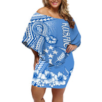 Kosrae Constitution Day Personalised Off Shoulder Short Dress Kusaie Hook Tattoo Special Polynesian Pattern LT9 Women Blue - Polynesian Pride