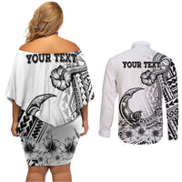 Ia Orana Tahiti Personalised Couples Matching Off Shoulder Short Dress and Long Sleeve Button Shirt French Polynesia Hook Tattoo Special White Color LT9