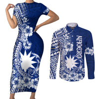 Nauru Independence Personalised Couples Matching Short Sleeve Bodycon Dress and Long Sleeve Button Shirt Naoero Hook Tattoo Special Polynesian Pattern LT9 Blue - Polynesian Pride