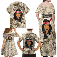 Personalized New Zealand Women's Day Family Matching Off Shoulder Maxi Dress and Hawaiian Shirt Maori Girl Feathers of Hope - Beige LT9 - Polynesian Pride