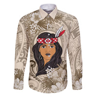 Personalized New Zealand Women's Day Family Matching Puletasi and Hawaiian Shirt Maori Girl Feathers of Hope - Beige LT9 Dad's Shirt - Long Sleeve Beige - Polynesian Pride