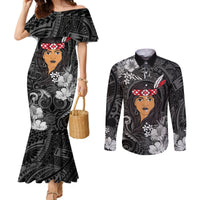 New Zealand Custom Women's Day Couples Matching Mermaid Dress and Long Sleeve Button Shirt Maori Girl Feathers of Hope - Black LT9 Black - Polynesian Pride