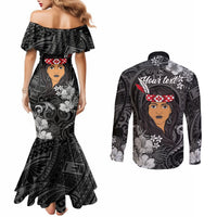 New Zealand Custom Women's Day Couples Matching Mermaid Dress and Long Sleeve Button Shirt Maori Girl Feathers of Hope - Black LT9 - Polynesian Pride