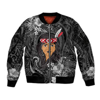 New Zealand Custom Women's Day Sleeve Zip Bomber Jacket Maori Girl Feathers of Hope - Black LT9 Unisex Black - Polynesian Pride