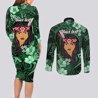 New Zealand Custom Women's Day Couples Matching Long Sleeve Bodycon Dress and Long Sleeve Button Shirt Maori Girl Feathers of Hope - Green LT9 - Polynesian Pride