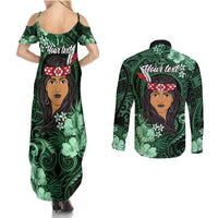 New Zealand Custom Women's Day Couples Matching Summer Maxi Dress and Long Sleeve Button Shirt Maori Girl Feathers of Hope - Green LT9 - Polynesian Pride