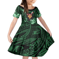 New Zealand Custom Women's Day Family Matching Off Shoulder Long Sleeve Dress and Hawaiian Shirt Maori Girl Feathers of Hope - Green LT9 Daughter's Dress Green - Polynesian Pride