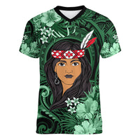 New Zealand Custom Women's Day Women V Neck T Shirt Maori Girl Feathers of Hope - Green LT9 Female Green - Polynesian Pride